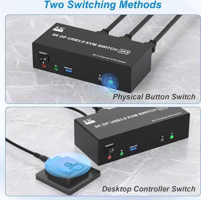 Alt view image 7 of 7 - 8K@60Hz KVM Switch 3 Monitors 2 Computers 4K@144Hz, DP 1.4 8K Displayport Triple Monitor KVM Switch for 2 Computer Share 3 Monitor, Audio Mic Port and 3 USB3.0 Devices, Wired Remote, 5V Adapter