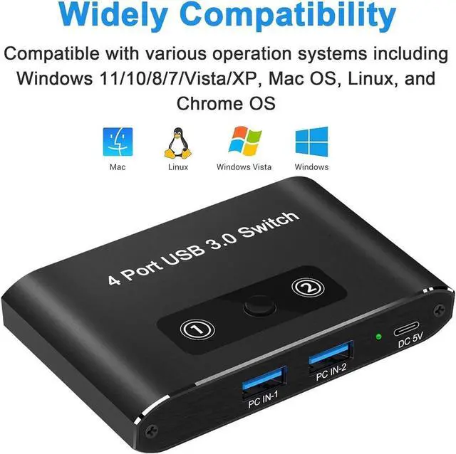 Alt view image 5 of 7 - USB 3.0 Switch 2 in 4 Out, USB Switch Selector 2 Computers Sharing 4 USB Devices KVM Switcher Box for PC, Printer, Scanner, Mouse, Keyboard with 2 USB Cable, Compatible with Mac/Windows/Linux