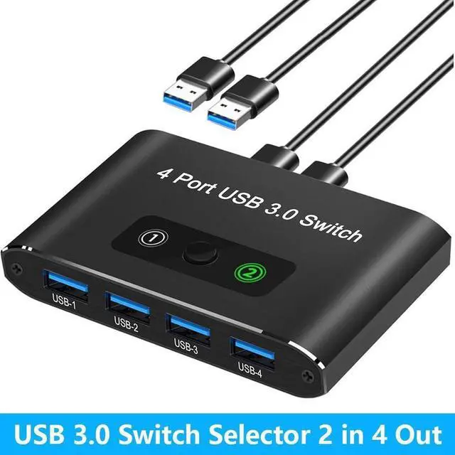 Main image of USB 3.0 Switch 2 in 4 Out, USB Switch Selector 2 Computers Sharing 4 USB Devices KVM Switcher Box for PC, Printer, Scanner, Mouse, Keyboard with 2 USB Cable, Compatible with Mac/Windows/Linux