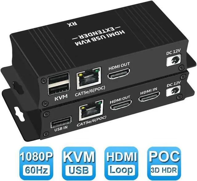 Main image of Vszerda HDMI KVM USB Extender Over IP Over Ethernet 1080p HD Video Over Cat5e/6 Ethernet Cable 60m (196ft) for Mouse and Keyboard Control Remote Signals