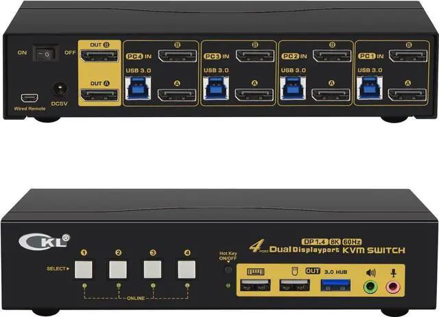 Main image of 4 in 1 out DP1.4 USB3.0 KVM Switch Support Dual Monitor Extend Display 8K 30Hz 4K 120HZ 144Hz, Kevboard Video Mouse Peripherals Switcher for 4 Computers