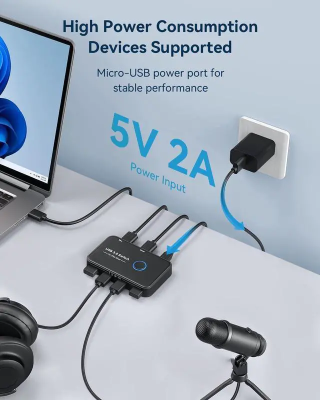Alt view image 6 of 7 - USB 3.0 Switch, USB Switch Selector 2 Computers Sharing 4 USB Devices KVM Switcher for PC, Printer, Scanner, Mouse, Keyboard with 2 Pack USB Cable,1 Micro USB Power Cable