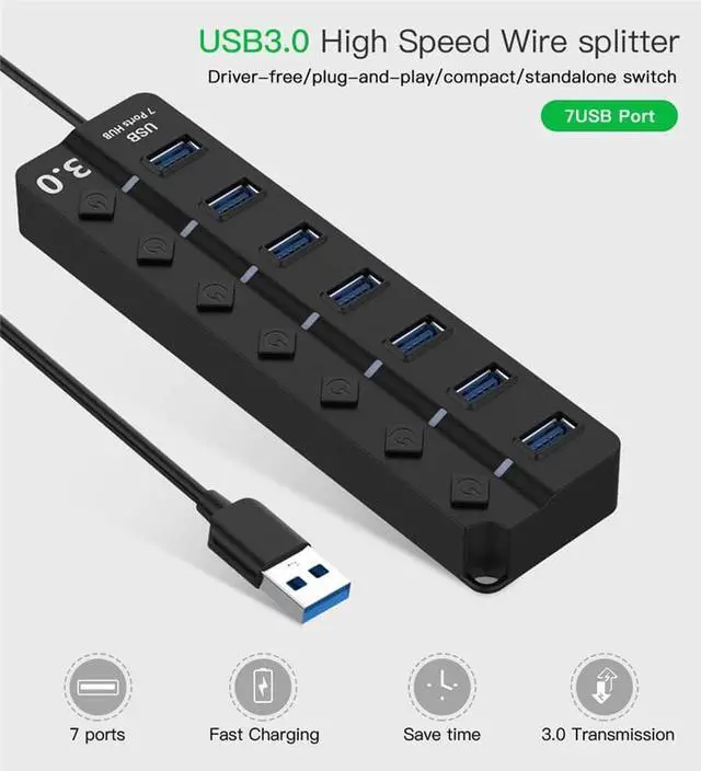 Alt view image 2 of 7 - 7 Port USB Hub 3.0 Splitter High Speed Expansion Lightweight Portable Universal for Laptop, PC, Computer, Mobile HDD - Black(7IN1HUB)