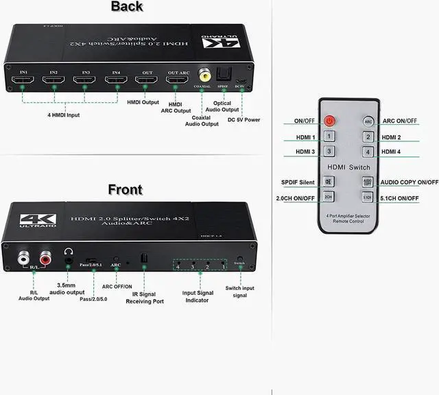 Alt view image 2 of 7 - HDMI Switch 4x2 with R/L 3.5mm Audio + Coaxial + SPDIF Audio Extractor Out, HDMI Switcher Audio Extractor Splitter Support 4K@60Hz 1080P@120Hz ARC, HDCP 2.2, HDR, Dolby