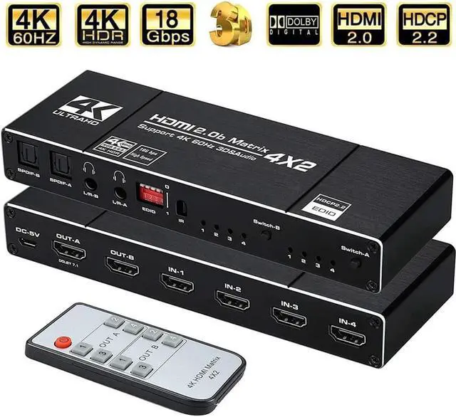 Main image of 4K@60Hz HDMI Matrix 4 in 2 Out, 4 X 2 Switcher with HDR10,2xSPDIF Audio, 2x3.5mm L/R Audio, EDID, Downscaler 4K to 1080P and RGB 8:8:8