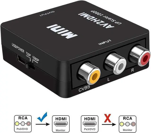 Main image of 3RCA Composite CVBS AV to HDMI Video Audio Converter Adapter Mini Box Support 1080P PAL/NTSC with USB Charging Cable for PC Laptop Xbox PS4 PS3 TV STB VHS VCR DVD,Black