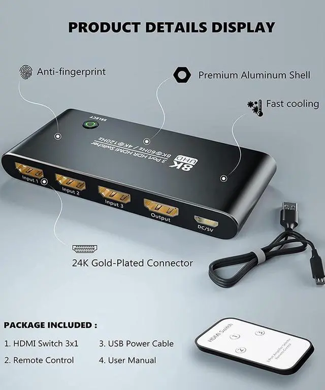 Alt view image 2 of 7 - Aluminum Shell HDMI 2.1 Switch 8K Directional 8K@60Hz 4K@120Hz 1440P@165Hz 1080P@240Hz 3in 1out High Speed 48Gbps eARC Converter with Remote Control Compatible with Xbox X PS5