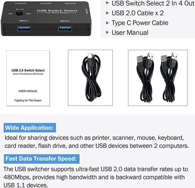 Alt view image 4 of 7 - USB Switch Selector 2 Computers Sharing 4 USB Devices USB 2.0 Peripheral Switcher Box Hub for Keyboard, Mouse, Scanner, Printer, with One-Button Swapping and 2 USB Cables