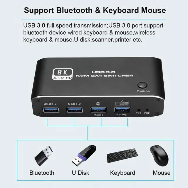 Alt view image 5 of 7 - 8K HDMI2.1 KVM Switch, 2 in 1 Out,for 2PC Share 1 Monitor and One Keyboard Mouse and two USB3.0 Port, 8K@60Hz,hotkey,Support RGB 8:8:8,One-button switch/Hotkey switch,Dynamic HDR,VRR etc
