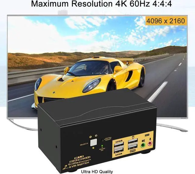 Alt view image 4 of 7 - 2 Port KVM Switch Triple Monitor DisplayPort 4K @60Hz, 2 Computers x 3 Monitors KVM Switch with Audio and USB 2.0 HUBS DP 1.2 KVM Switch