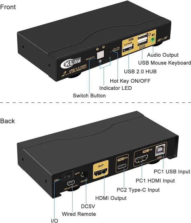 Alt view image 4 of 7 - CKLau 4K@60Hz 2 Port KVM HDMI + USB-C with Audio and Cables, HDMI KVM Switch USB C for 2 Mac/Computers/Mobile Phone Sharing Monitor Keyboard Mouse