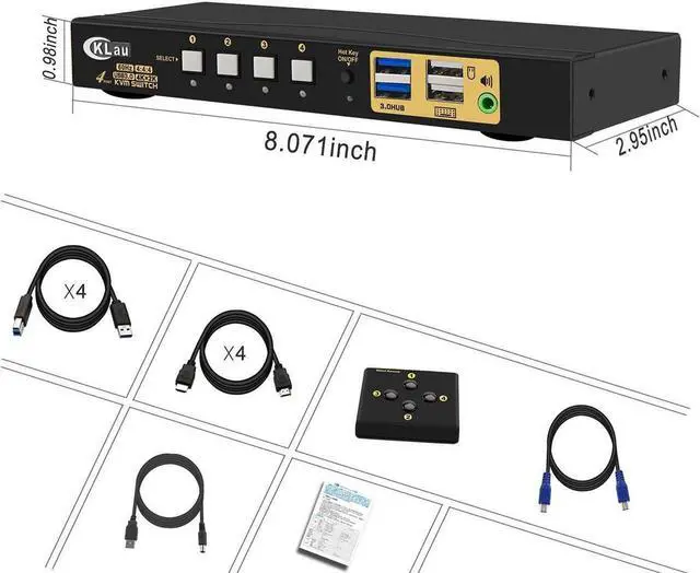Alt view image 6 of 6 - HDMI KVM Switch 4 Port, 4 Port HDMI 2.0 USB 3.0 KVM Switch with Cables, 2 pcs USB 3.0 Hub and Audio Output Supports Wireless/Mechanical/Gaming Keyboard Mouse