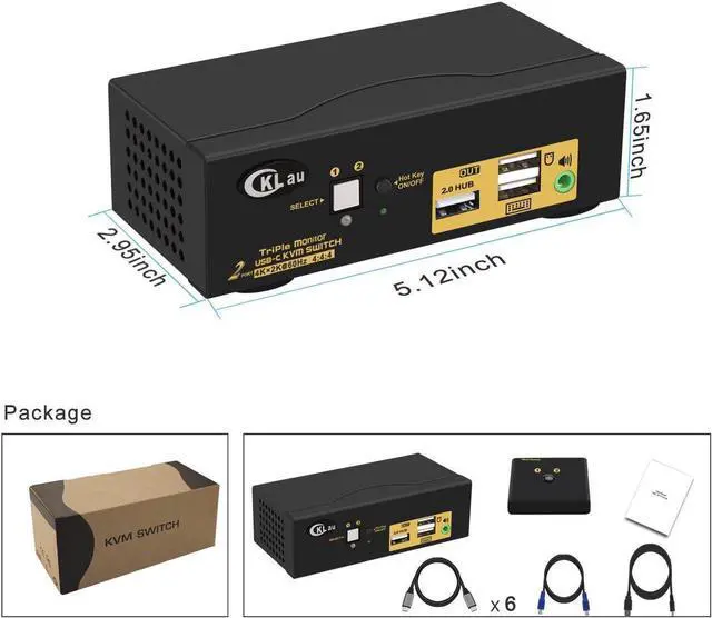Alt view image 7 of 7 - 2 Port Triple Monitor KVM USB C, 3 Monitor KVM Switch USB-C with Audio, USB 2.0 Hub and Cables for 2 Computers/Macs/Mobile Phones Sharing 3 Monitors and Single Keyboard Mouse