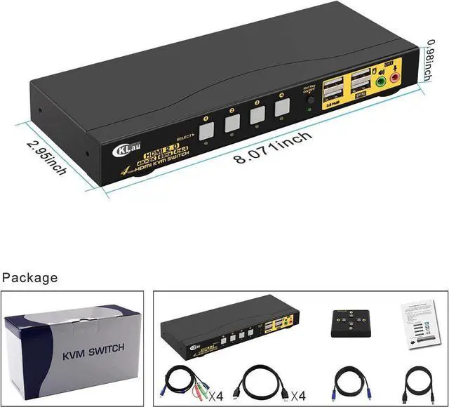 Alt view image 6 of 6 - 4 Port KVM HDMI Switch with Audio, Microphone, 2 USB 2.0 Hub and Cables Support Wireles Keyboard Mouse Resolution Up to 4Kx2K@60Hz 4:4:4