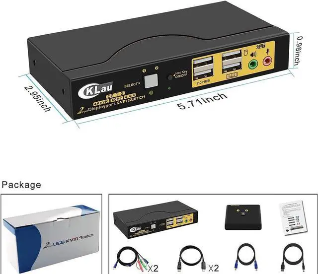 Alt view image 6 of 6 - 4Kx2K@60Hz DP 1.2 Dual Port Displayport KVM Switch with Audio and Cables for 2 Computers 1 Monitor Support Keyboard Mouse Switching