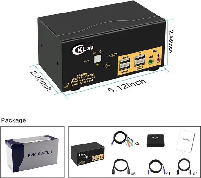 Alt view image 6 of 6 - Dual Port Triple Monitor KVM Switch Displayport with Audio Output, USB 2.0 Hub and Cables Support Extended Display Resolution Up to 4096x2160@60Hz 4:4:4