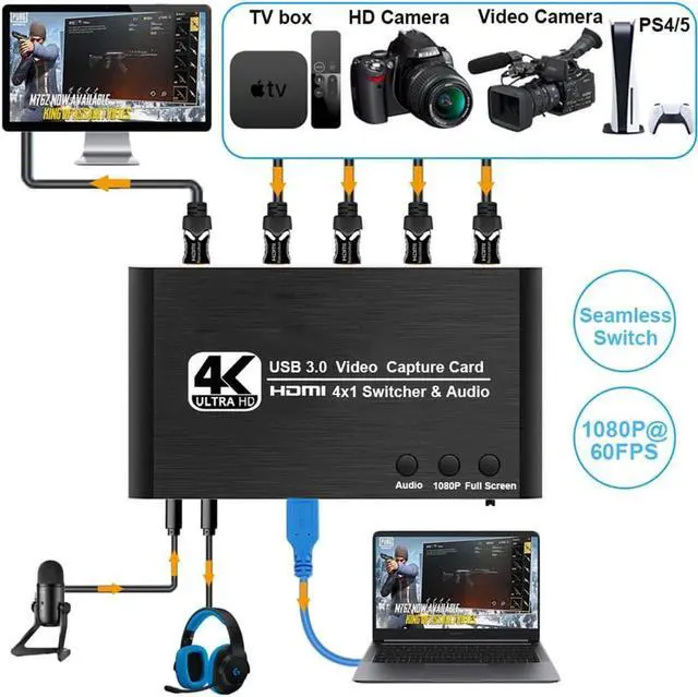 Alt view image 5 of 7 - 4K@30Hz 4x1 HDMI Video Capture Card Seamless Switch with Mic & 3.5mm Audio 4K 30fps Board Game Capture Card USB3.0 Recorder Box Device for Live Streaming Video Recording Loop Out
