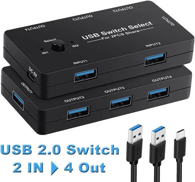 Main image of USB Switch Selector 2 Computers Sharing 4 USB Devices USB 2.0 Peripheral Switcher Box Hub for Mouse Keyboard Scanner Printer PCs with One-Button Swapping and 2 Pack USB A to A Cable