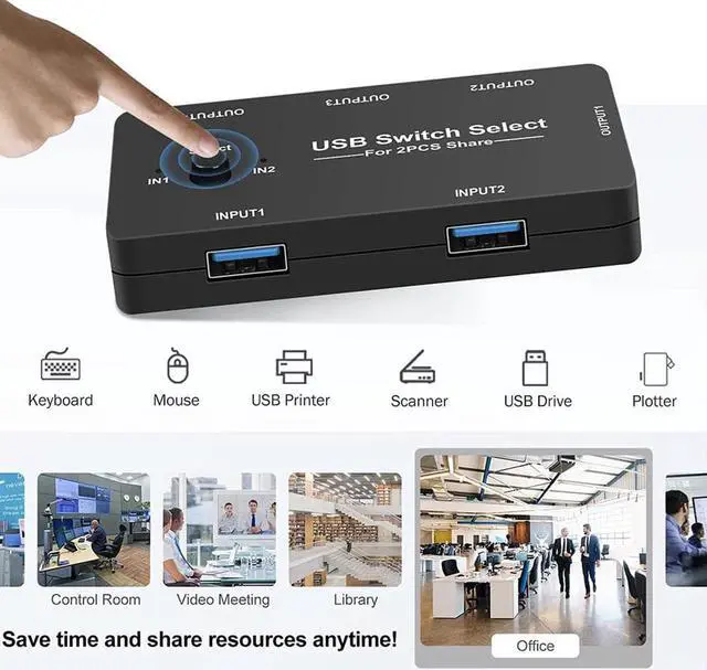 Alt view image 5 of 7 - USB Switch Selector 2 Computers Sharing 4 USB Devices USB 2.0 Peripheral Switcher Box Hub for Mouse Keyboard Scanner Printer PCs with One-Button Swapping and 2 Pack USB A to A Cable