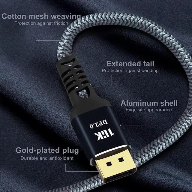 Alt view image 3 of 7 - DisplayPort Cable 2.0, 16K DP Cable 6.6FT (16K@60Hz, 8K@60Hz, 4K@165Hz) HBR3 Support 80Gbps, HDCP 2.2, HDR10 FreeSync G-Sync 6.6 ft.