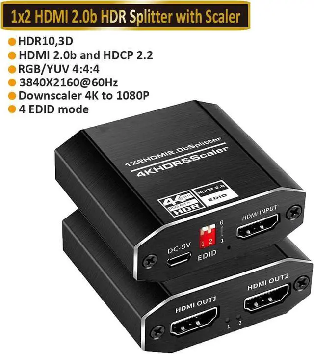 Main image of Vszerda HDMI Switch HDMI Splitter 4K@60HZ, HDMI Splitter 1 in 2 Out with 4 kinds of EDID mode, Supports HDCP2.2, HDMI2.0b, EDID, 3D, RGB 4:4:4 for PS4 PS5 Blu-Ray-Player Fire Stick Xbox PC