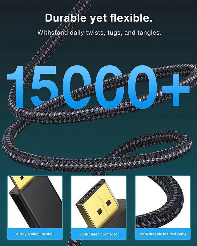 Alt view image 4 of 7 - 8K DisplayPort Cable 6.6FT, DP 1.4 Cable Displayport to Displayport Cable Support 8K@60Hz, 4K@240Hz, FreeSync, G-Sync, HDR, 32.4Gbps for Gaming Laptop TV PC Computer Monitor 6.6 ft.