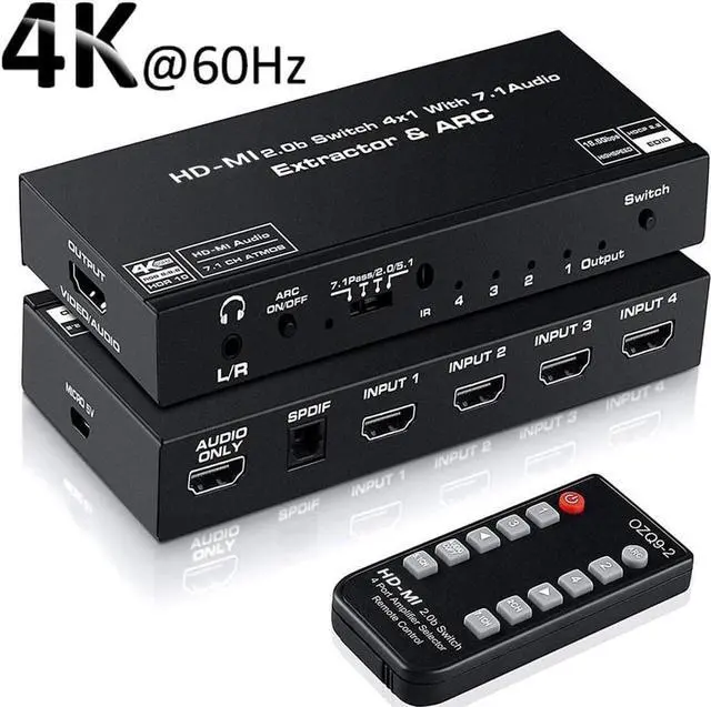 Main image of 4 Port 4K HDMI Switch with Optical & 3.5mm AUX Audio Out, 4 in 1 Out HDMI 2.0 4K@60Hz HDMI 2.0b Audio Extractor Splitter with Remote, Support ARC, HDR, HDCP 2.2, 18Gbps, Dolby Vision
