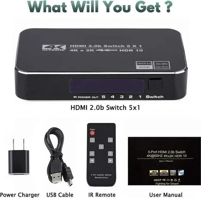 Alt view image 7 of 7 - HDMI Switch, 4K 60Hz HDMI Splitter 5 in 1 Out, 5-Port HDMI Switcher Selector with Remote Control,Supports Full HD 4K HDR10 HDCP 2.2 3D Dolby DST Compatible with Fire Stick,HDTV,PS4 Game - OZQ3-3
