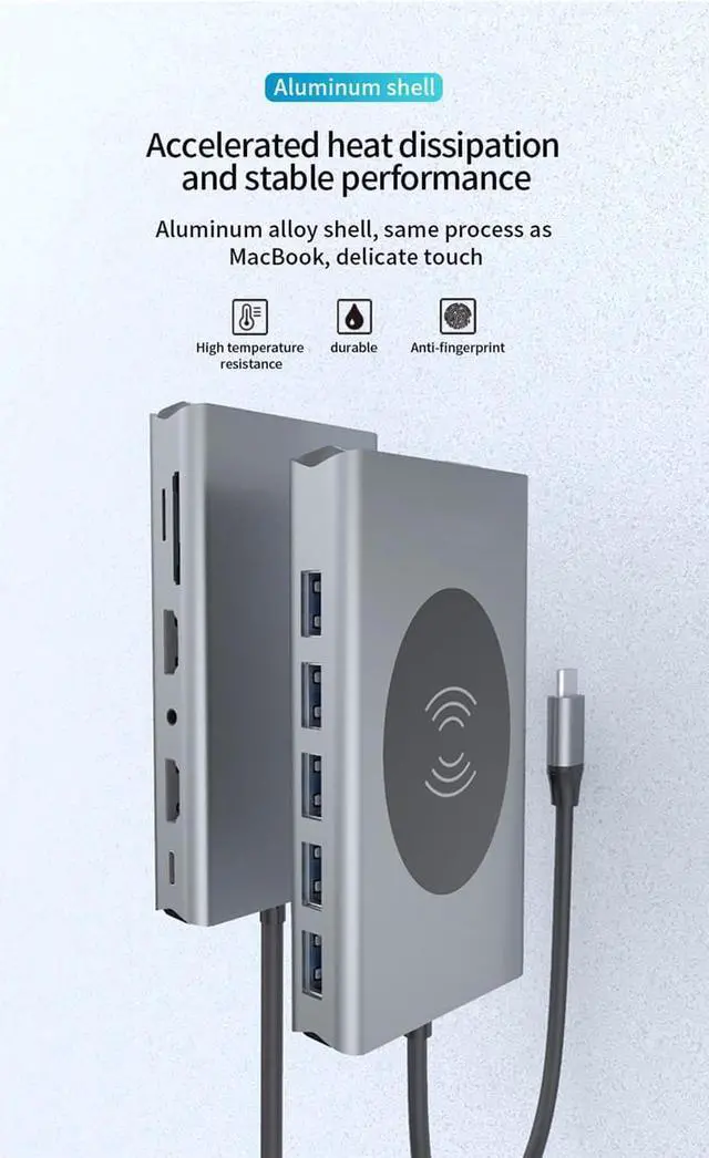 Alt view image 4 of 7 - USB C Hub, Multiport Adapter USB C Dongle for MacBook Pro, 14 in 1 USB C to Dual HDMI Adapter with Ethernet VGA PD Port 5xUSB3.0 SD/TF Card Reader Wireless Charging and 3.5mm Audio for Type C Laptops