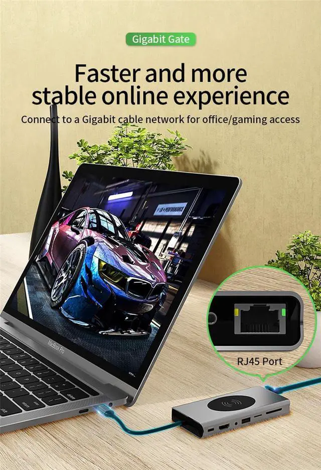 Alt view image 6 of 7 - USB C Hub, Multiport Adapter USB C Dongle for MacBook Pro, 14 in 1 USB C to Dual HDMI Adapter with Ethernet VGA PD Port 5xUSB3.0 SD/TF Card Reader Wireless Charging and 3.5mm Audio for Type C Laptops
