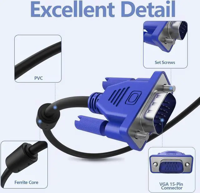 Alt view image 3 of 7 - VGA to VGA Monitor Cable, 15 pin 1080P Full HD Male to Male Cor for Computer PC Laptop to Monitor Screen Projector with VGA Plug Port (6.6 Feet)