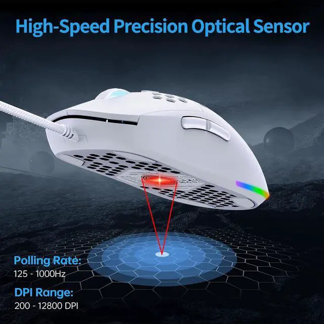 Alt view image 2 of 6 - M1SE Ultralight Honeycomb Gaming Mouse, High-Precision 12800DPI Optical Sensor, 6 Programmable Buttons, Customizable RGB, Drag-Free Paracord, Ergonomic, Wired - Matte White