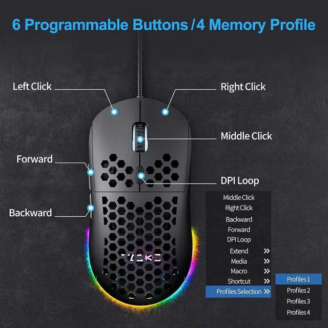 Alt view image 3 of 6 - M1SE Ultralight Honeycomb Gaming Mouse, High-Precision 12800DPI Optical Sensor, 6 Programmable Buttons, Customizable RGB, Drag-Free Paracord, Ergonomic, Wired - Matte Black