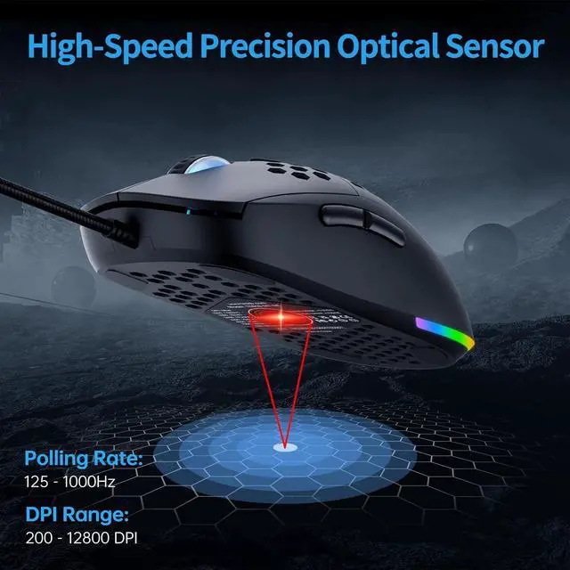 Alt view image 2 of 6 - M1SE Ultralight Honeycomb Gaming Mouse, High-Precision 12800DPI Optical Sensor, 6 Programmable Buttons, Customizable RGB, Drag-Free Paracord, Ergonomic, Wired - Matte Black