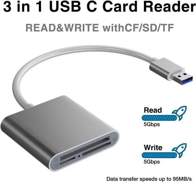 Alt view image 2 of 7 - SD Card Reader USB 3.0 3 Port Memory Card Reader Writer Compact Flash Card Adapter for CF/SD/TF Micro SD/Micro SDHC/MD/MMC/SDHC/SDXC UHS-I Card for Windows & Mac - Aluminum