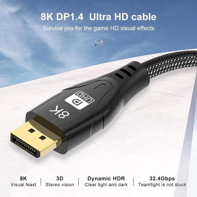 Alt view image 5 of 7 - 8K DisplayPort Cable 1.4, 3.3ft Nylon Braided UHD DP Cable (8K@60Hz,4K@144Hz) Ultra High Speed DisplayPort to DisplayPort Cable 32.4Gbps, and HBR3 for PC, Laptop, HDTV Gaming Monitor- Black