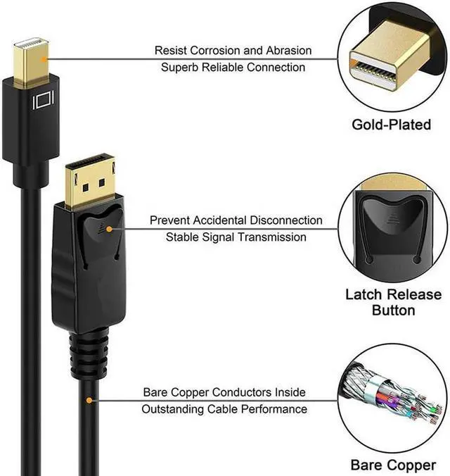Alt view image 4 of 7 - Mini DisplayPort to DisplayPort Cable, 6 Feet, Gold-Plated Mini DP(Thunderbolt Compatible) to DP Cord (4K@60Hz, 2K@144Hz) Mini DP to DP Display Cable - Black