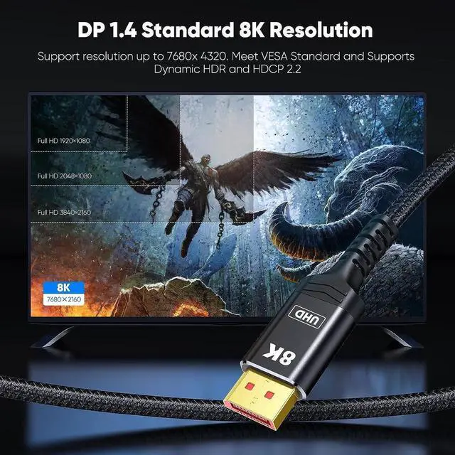 Alt view image 2 of 7 - 8K 4K DisplayPort Cable 1.4, 10FT DP Cable [ 8K@60Hz, 4K@144Hz, 2K@240Hz/165Hz/144Hz], Bradied 32.4Gbps High Speed Display Port Cable for Gaming Monitor, HDR/HDCP/FreeSync/G-Sync