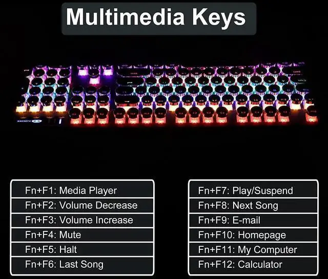 Alt view image 5 of 7 - Typewriter Style Mechanical Gaming Keyboard, Black Retro Punk Gaming Keyboard with RGB Backlit, 104 Keys Blue Switch Wired Cute Keyboard, Round Keycaps for Windows/Mac/PC
