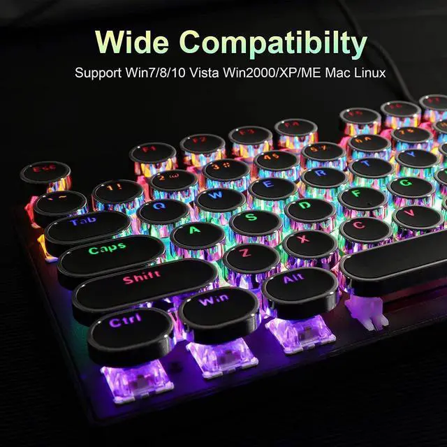 Alt view image 7 of 7 - Typewriter Style Mechanical Gaming Keyboard, Black Retro Punk Gaming Keyboard with RGB Backlit, 104 Keys Blue Switch Wired Cute Keyboard, Round Keycaps for Windows/Mac/PC