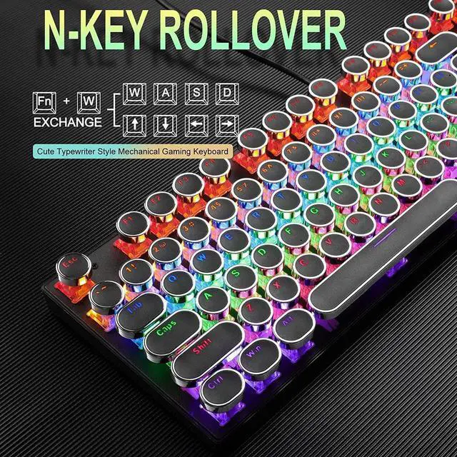 Alt view image 2 of 7 - Typewriter Style Mechanical Gaming Keyboard, Black Retro Punk Gaming Keyboard with RGB Backlit, 104 Keys Blue Switch Wired Cute Keyboard, Round Keycaps for Windows/Mac/PC