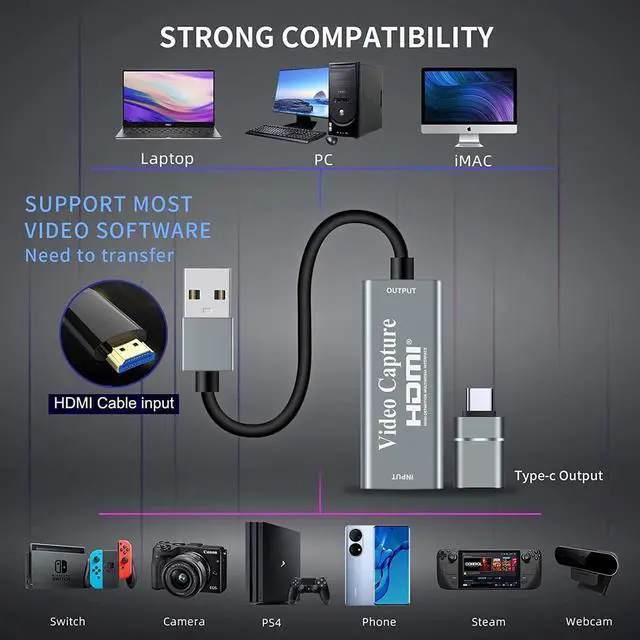 Alt view image 2 of 7 - Video Capture Cards, 4K HDMI to USB 3.0 Video Capture Device, 1080P HD 60fps Broadcast Live and Record Video Audio Grabber for Gaming, Streaming, Teaching, Video Conference (Silver)