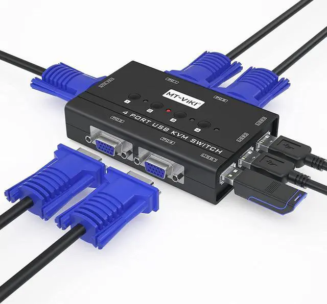 Main image of KVM Switch VGA, 4 Port KVM Switch for 4 Computers Share One Monitor Keyboard Mouse Printer, 3 USB 2.0 Hub, Included 4 VGA KVM Cables