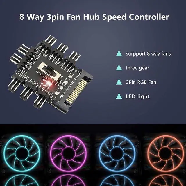 Alt view image 5 of 7 - Chassis Fan Hub, SATA 1 to 8 Way12V 3 PIN Cooling Fan Splitter Controller Hub 3 Pin PWM for PC Desktop Computer Motherboard(12V 3-Pin)