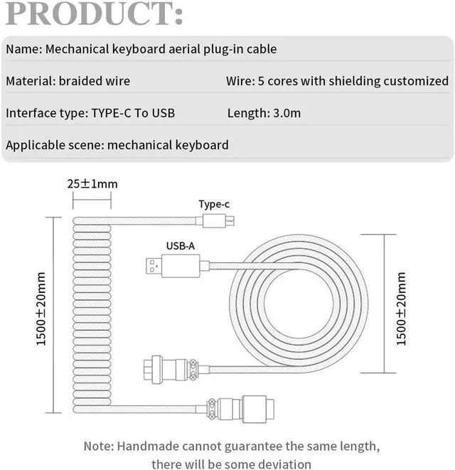 Alt view image 6 of 6 - Customer Coiled Keyboard Cable for Gaming Mechanical Keyboard, Handwork Braided + PET Mesh, Metal Plug, with Detachable Metal Aviator Connector, 3 Meters USB C Aviator Cable (Black)