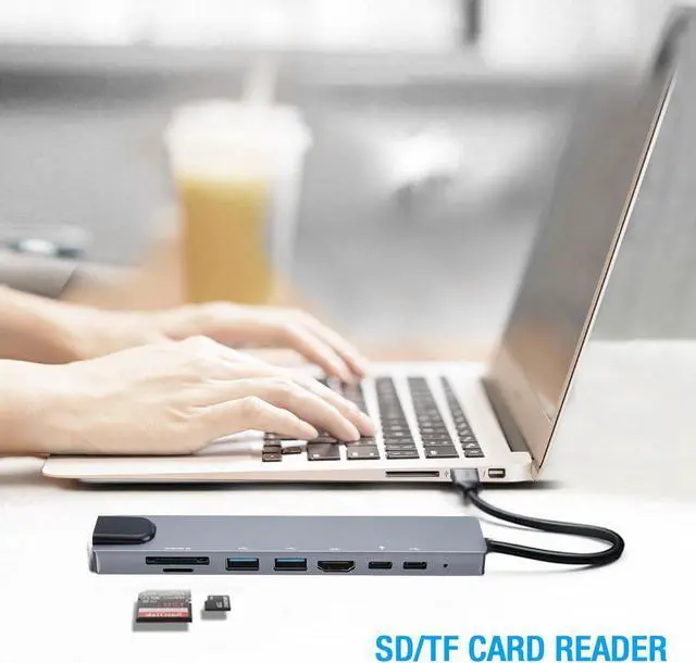 Alt view image 7 of 7 - 8 in 1 Multiport Type C To USB-C HDMI Adapter USB 3.0 Cable Hub For Macbook,sd card reader,Gray