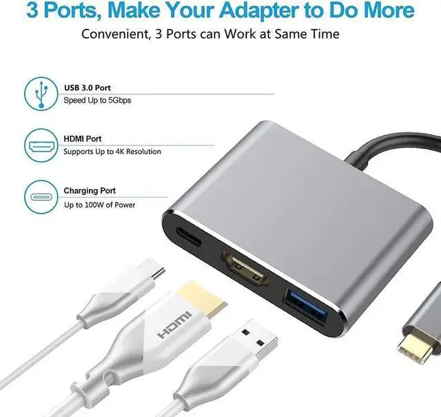Alt view image 2 of 7 - USB C to HDMI Multiport Adapter USB 3.1 Gen 1 Thumderbolt 3 to HDMI 4K Video Converter/USB 3.0 Hub Port PD Quick Charging Port with Large Proj