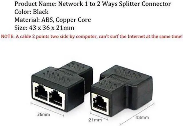 Alt view image 3 of 6 - 2 Pack RJ45 Splitter Connectors, 1 to 2 Ways Ethernet cables interface RJ-45 Socket Adapter 8P8C HUB Network LAN Internet PC laptop router cable Coupler contact Modular plug For Cat5 Cat5e Cat6 Cat7