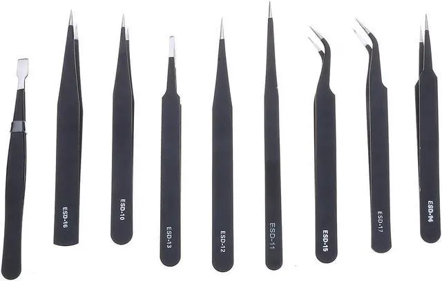 Alt view image 3 of 7 - 9 Pcs ESD Tweezer Anti-static Stainless Steel Precision Tweezers for Electronics Nail Beauty