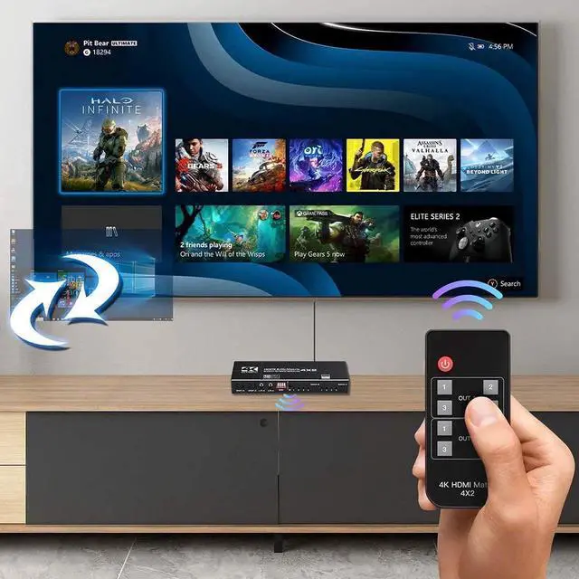 Alt view image 6 of 7 - 4K HDMI Matrix Switch 4x2, Video Switcher Splitter 4 in 2 Out, Optical and LR Audio Output with IR Remote Controller, Support 4K@60Hz 3D 18.5Gbps x 3 Data Rate, HDMI 2.0b, HDCP 2.2